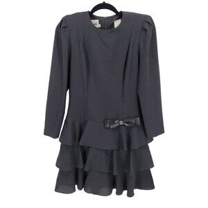 Leslie fay Womens size 4 black tiered ruffle satin bow dress vintage Union tag